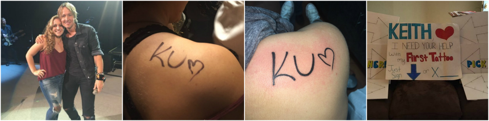 Caleigh DeCaprio's tattoo of Keith Urban's initials, Brooklyn's Barclays Center on November 19, 2016.